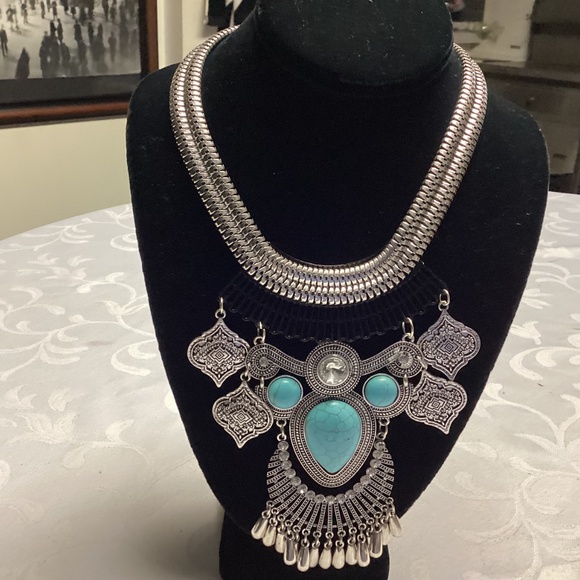 Turquoise Bib Statement Necklace JULES Bohemian Silver bohemian India Huge Bold - Picture 2 of 6